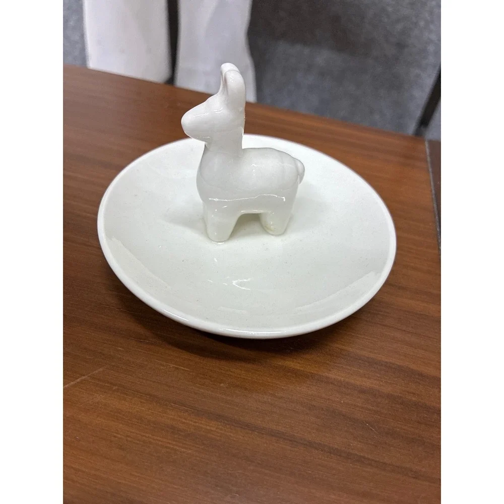 White Ceramic Llama Jewelry Dish Ring Holder Round Trinket Tray Minimalist Decor